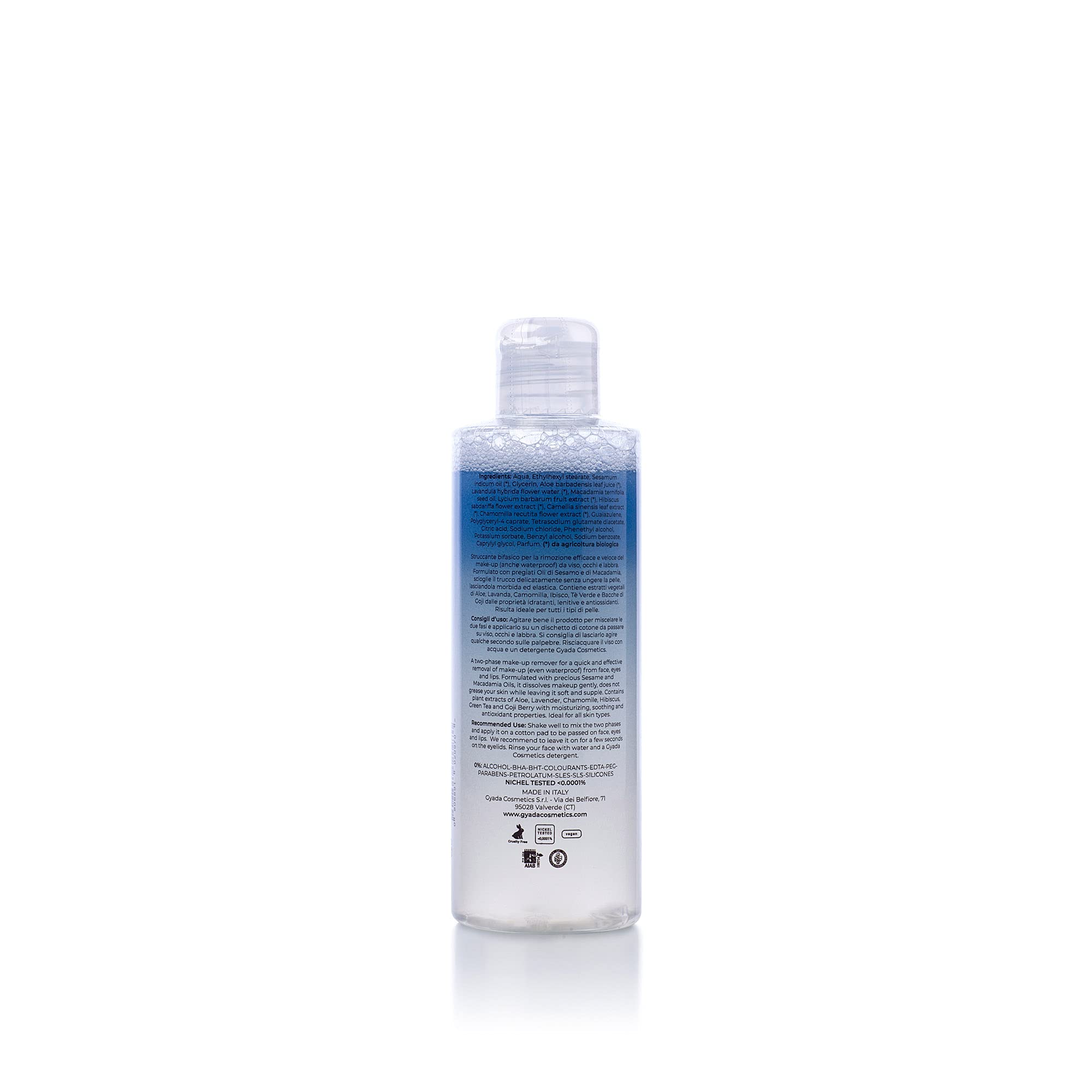 GYADA COSMETICS, Struccante Bifasico, Rimuove anche il Trucco Waterproof, Rende la Pelle Morbida ed Elastica, non Unge e non Irrita, a Base di Aloe, 200 ml, 1