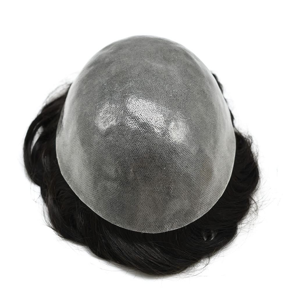 Toupee For Men 0.12MM V-looped Mens Toupee Real Human Hair Durable Poly Skin Hairpieces For Men (8X10"-100% light to medium density, 210 2# DARKEST BROWN+10% Sythetic Grey Hair)