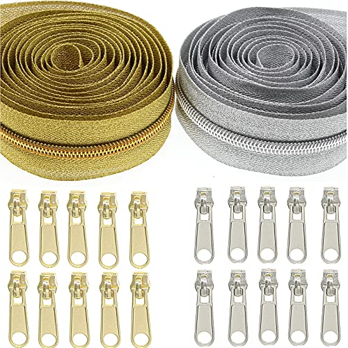 SHUNLI #5 Metallic Nylon Coil Zippers by The Yard,Bulk 5 Yards Gold+5 Yards Silver Metallic Teeth Sewing Zipper for DIY Tailor Crafts Bags,Each Color with 10 PCS Pulls Sliders,