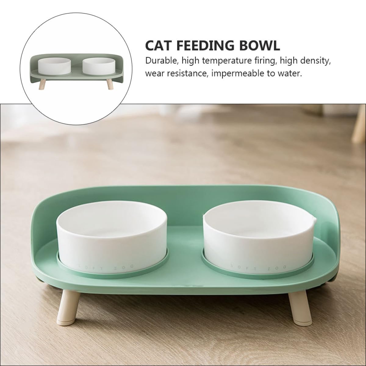 iplusmile Gamelle Double pour Chat en Céramique et Plastique, 1pc, Vert, Imperméable à L’Eau, Protège Cervicales, Bol pour Animaux à Pieds Hauts