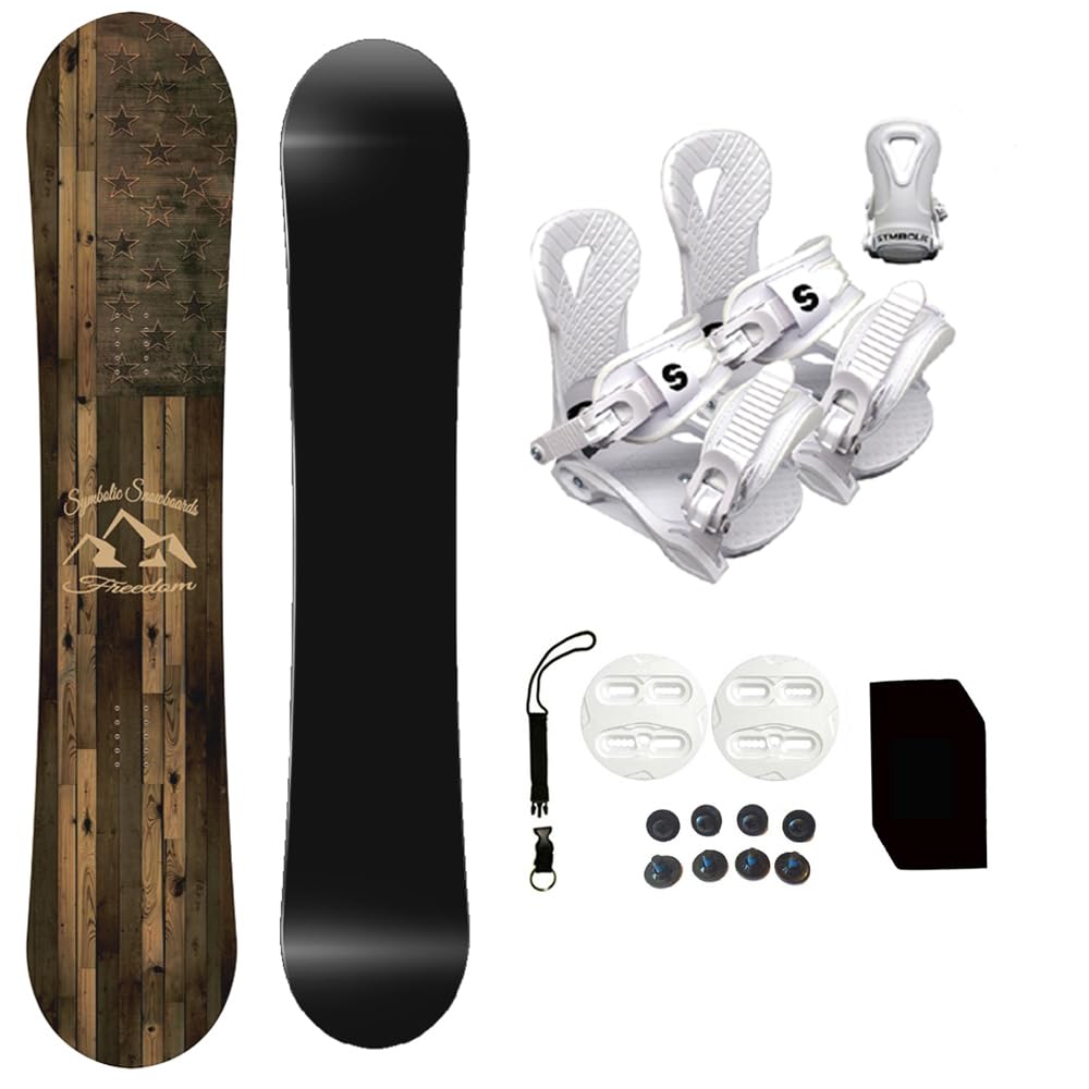 Symbolic Freedom USA Youth Kids Snowboard & White Bindings Stomp Pad, Leash Package (90cm & White Bindings XXXS Todlr (9-11c))