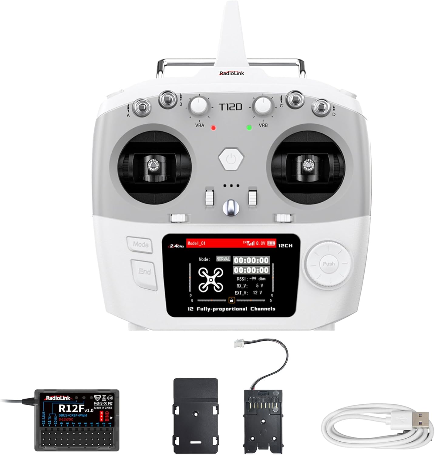Radiolink T12D 12CH RC Zender & R12F Ontvanger Kit, 2.4GHz Radiografische Besturing met 4km Bereik, 50 Modelgeheugens, Steunt ELRS/TBS Crossfire Modules voor Drone, Vliegtuig, Auto en Boot (Mode 2