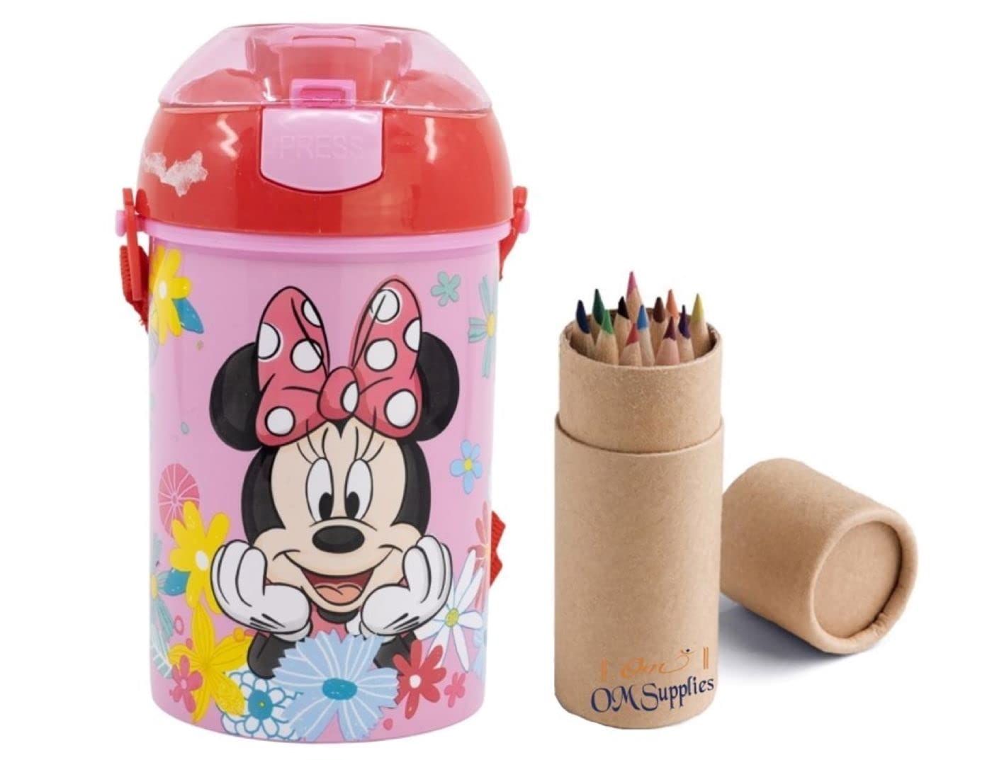 Om Supplies Minnie Pop Up Water Bottle Drink Bottle Flask With Neck Cord For Easy Carry School Lunch Kids Childrens 450Ml Includes Half Size 12Pcs Pencil Set (Minnie)
