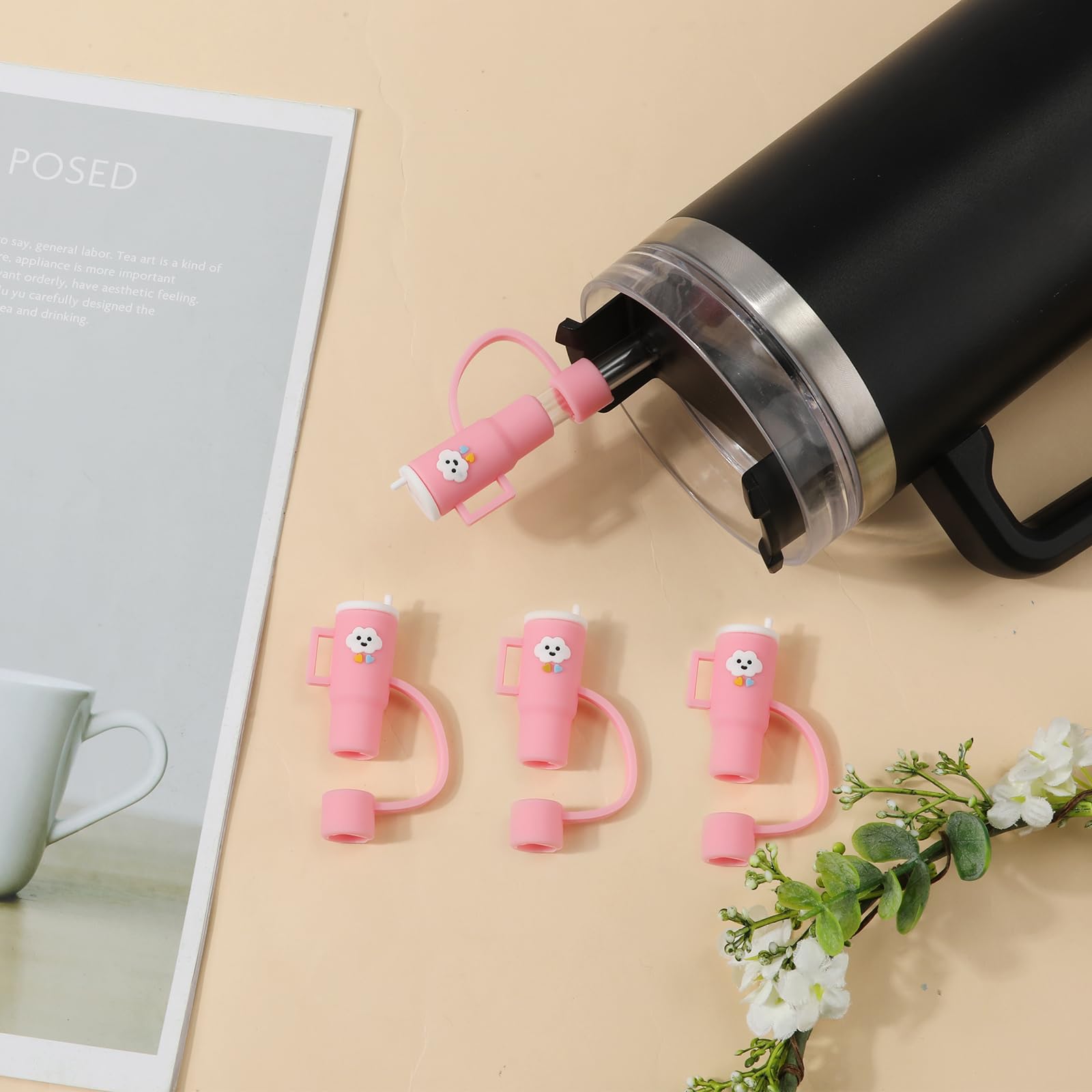 Lot De 4 Couvercles De Paille En Silicone Rose Pour Stanley