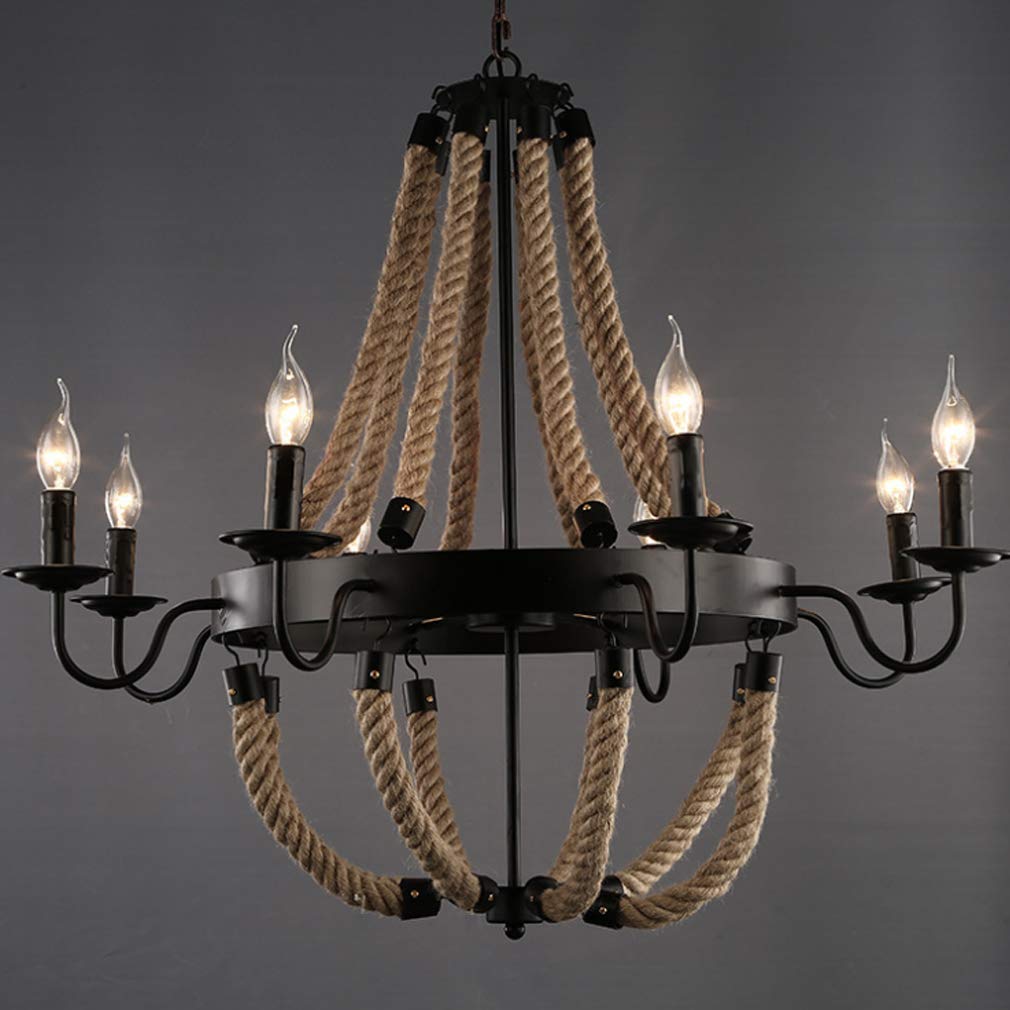 Rustikal Pendelleuchte Kronleuchter Schwarz industrial Vintage Hanfseil Hängelampe Esszimmerlampe Klassisch Retro Wohnzimmerlampe Landhaus Arbeitszimmer Lüster, 8-flammig E14, Höhenverstellbar, D85CM
