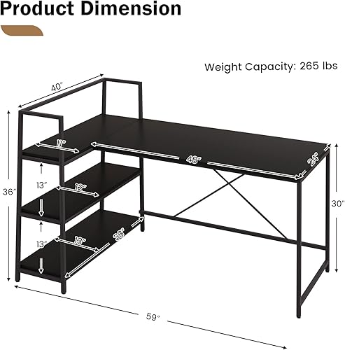 Miniatura 3 de COSTWAY Escritorio para computadora en forma de L de 59 pulgadas, escritorio esquinero reversible grande con estantes de almacenamiento abiertos,