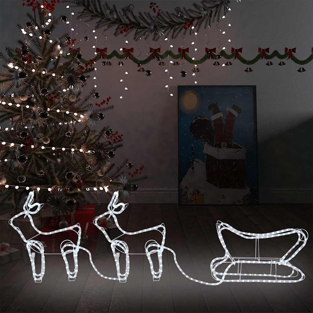 ACAGALA 576 LED Reno con trineo, 16 metros de tubo de luz, 2 unidades de figuras navideñas para exterior e interior, iluminación de Navidad blanco frío para casa, patio, jardín, porche