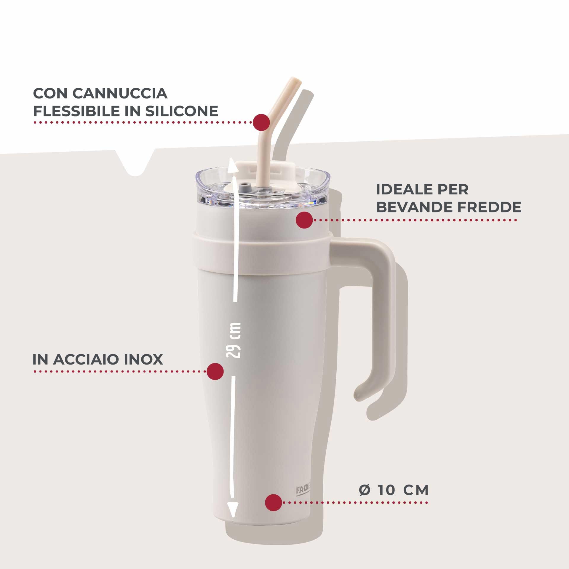Fackelmann Bicchiere isolante XXL beige 1200 ml – per bevande fredde, in acciaio inox di alta qualità con isolamento a doppia parete e prolunga flessibile della cannuccia
