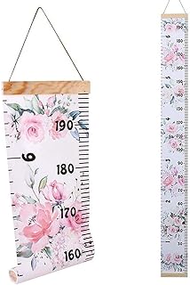 Baby Growth Chart Ruler Kids Roll-up Height Chart Wall Hanging Measurement Chart Wall Decor with Wood Frame for Kids Nursery Room Canvas Removable Height Growth Chart 8'' x 79'' (Pink Flower)