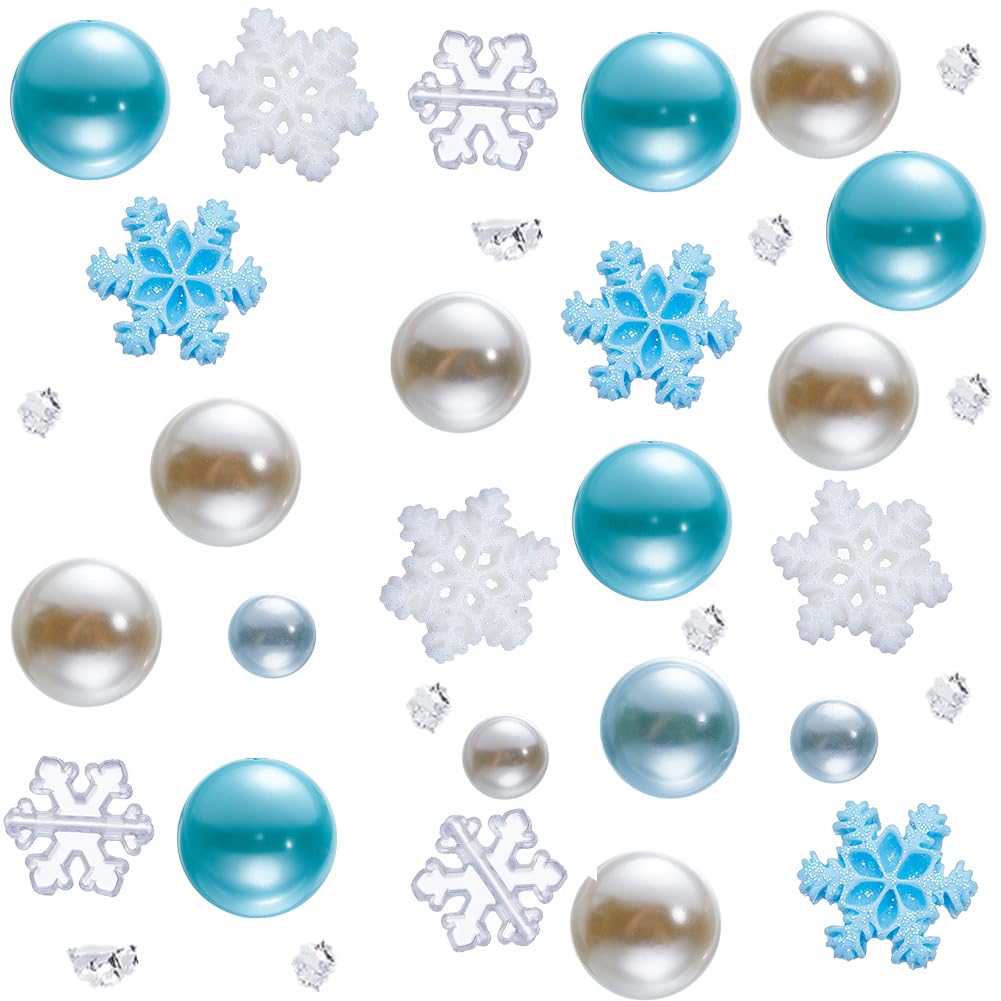SUNNYCLUE 10000+Pcs Christmas Vase Filler Winter Vase Filler Blue Candle Fillers Faux Pearl Beads Floating Candles Centerpiece Jar Fillers Set Snowflake Cabochons Silver Glitter Powder for Home Decor