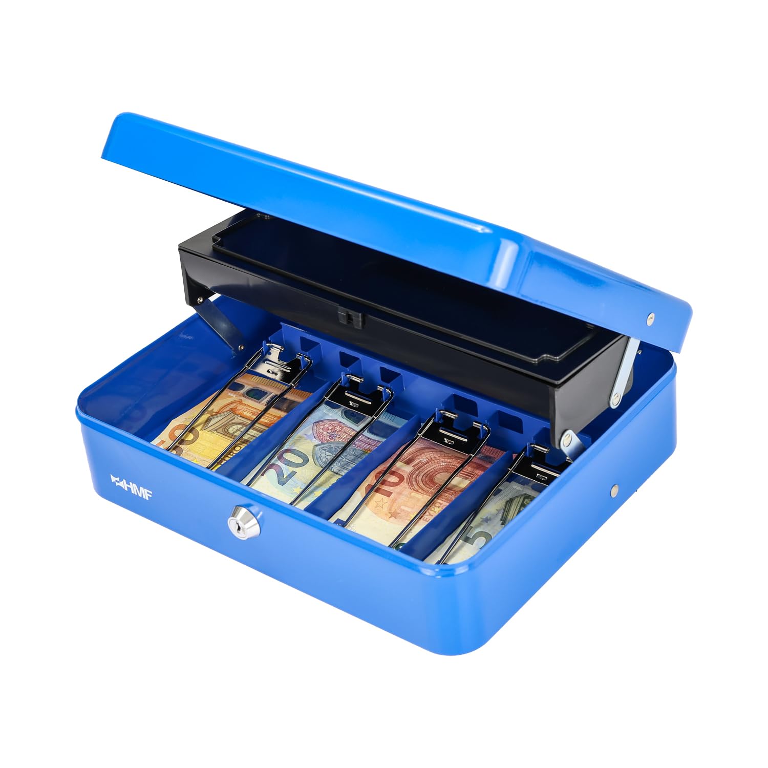 HMF 15230-05 - Caja de caudales con cerradura con compartimento para monedas y 4 compartimentos para billetes con pinza | 30 x 24 x 9 cm | Azul