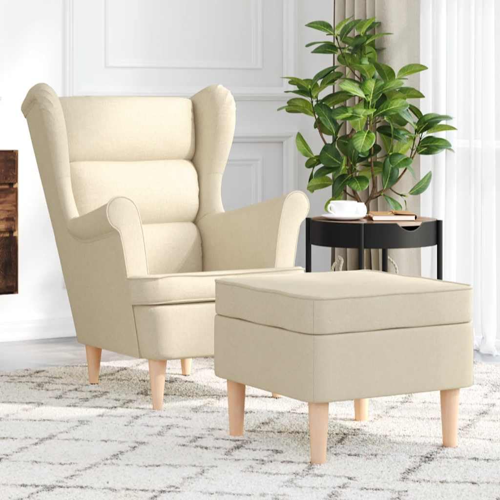 Fauteuil avec repose-pieds crème en tissu polyester et pieds bois pour salon et bureau