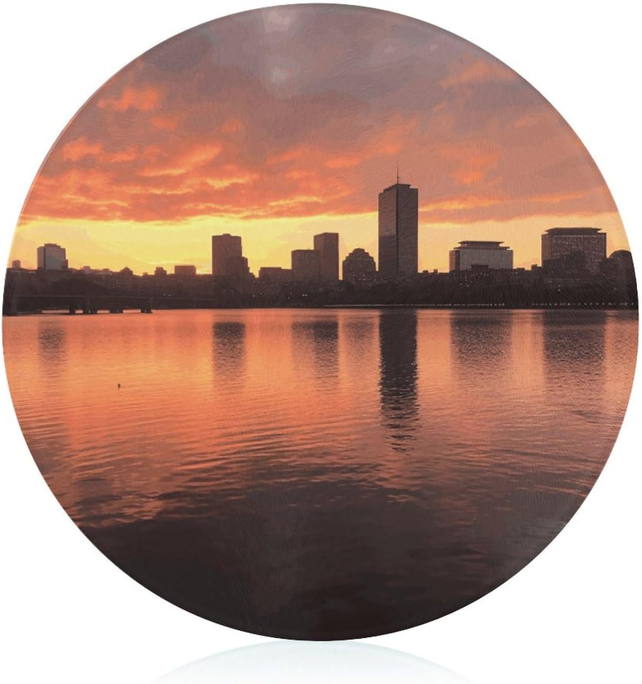 Boston Charles River City Skyline Sunset Cutting Board Round Tempered Glass Butcher Block Heavy Duty Chopping Boards Kitchen Counter Protector Non Slip Cutting Mat for Meat Fruits Vegetables 7.9"