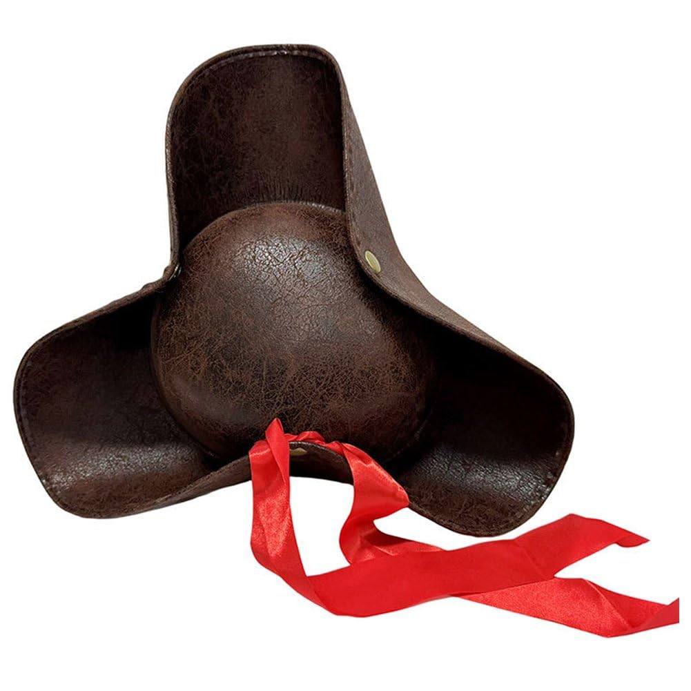 Sslvya Leather Pirate Hat with Red Ribbon Vintage Medieval Cosplay Hat Colonial Style Headwear for Halloween Carnival Masquerade