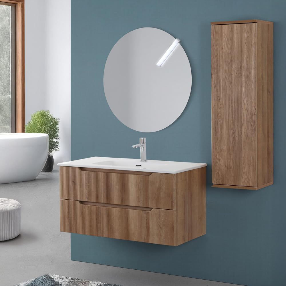 Mobile Bagno Sospeso Cannettato Da 100 Cm In Legno Nobilitato Rovere Linea Wise Con 2 Cassettoni Soft-Close A Gola, Completo Di Specchio Tondo E Lavabo In Ceramica