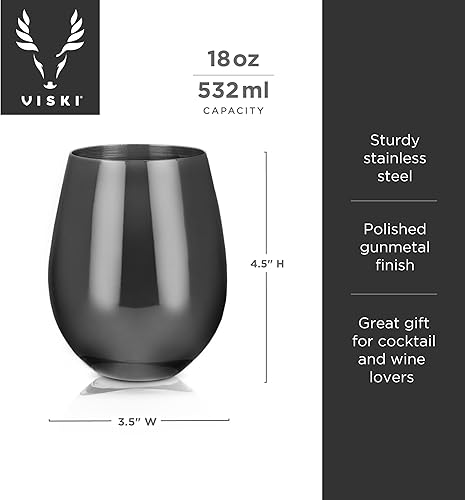 Miniatura 3 de Viski Gunmetal - Juego de copas de vino sin tallo, acero inoxidable con acabado negro, 18 onzas, juego de 2, color negro