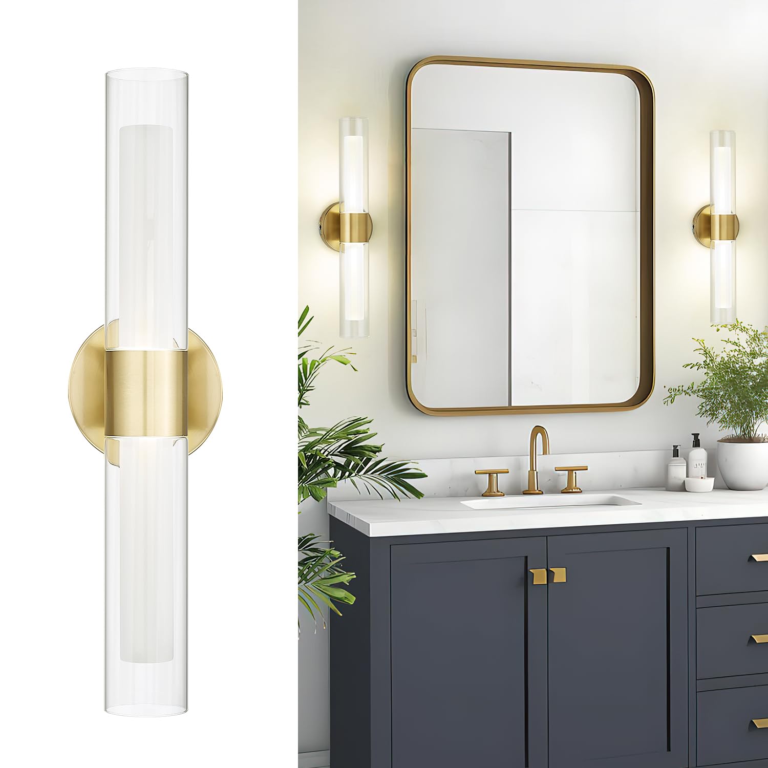 Gold Bathroom Sconces Wall Lighting, Bathroom Vanity Light, Modern Wall Lights with Clear Glass and Frosted Glass,3000K/4500K/6000K Adjustable, KDVL06-GD-2