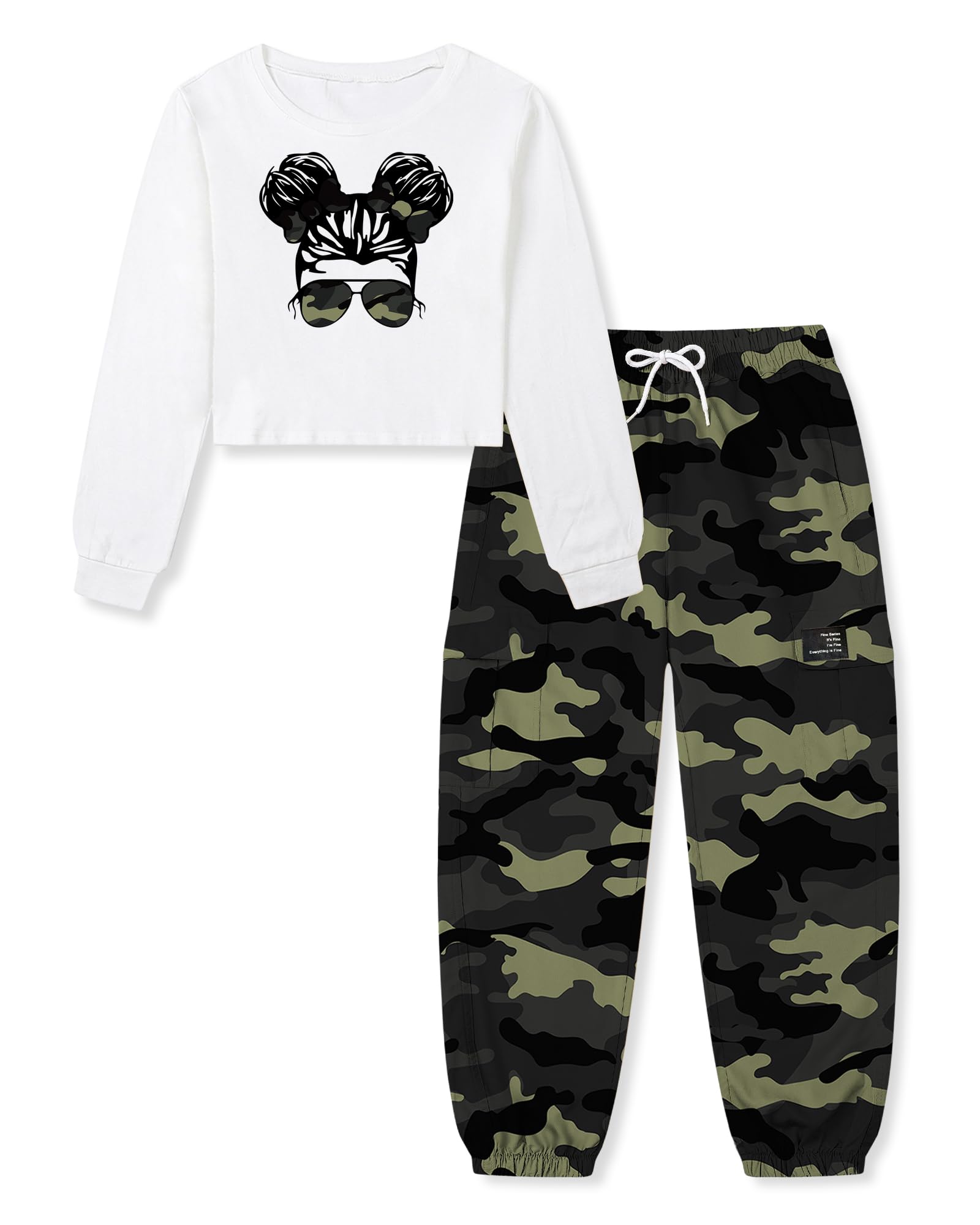 Betusline Girls Fall Winter Clothing Sets, Long Sleeve Crop Top &amp; Cargo Jogger Pants 2 Piece Outfit Sets,4T-14Y
