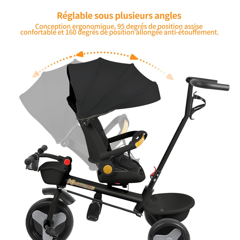 Tricycle Bébé évolutif 5 en 1 Vélo Poussette Bébé avec Siège Pivotant à 360°, Poignée de Poussée, Auvent Amovible, Ceinture de Sécurité à 3 Points, Rangement, 1 à 5 Ans (Noir, 5 en 1)