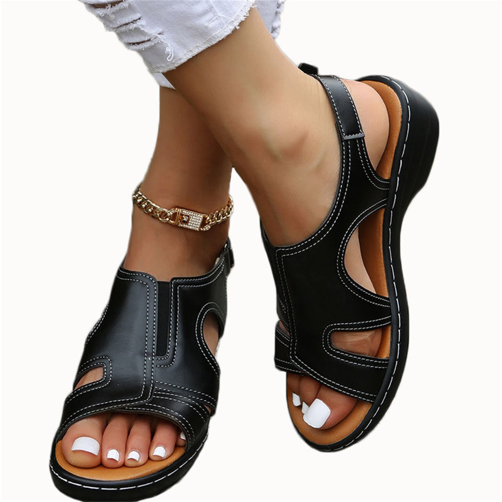 Doix Women's Black Wedge Sandals For With Arch Support Comfy Platform Orthopedic Fish Mouth Sandals With Hook Loop Ankle Strap Summer Outdoor Anti Slip Wide Fit Sport Shoes,,Us7/Eu38