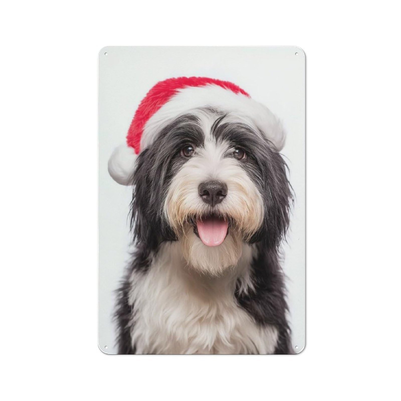 Junmoney Tibetan Terrier Dog With Santa Hat Portrait Rustic Metal Sign 30X20cm For Kitchen Or Home Bar, Gift For Kitchen Decor Lovers During The Christmas Season