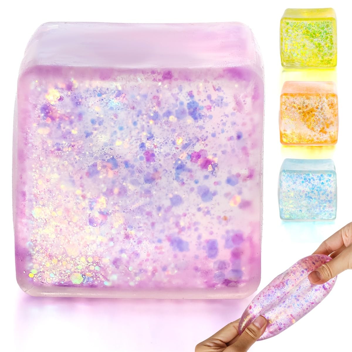 Squishy Stress Cube, Purple Glitter Squeeze Fidget Toy for Anxiety Relief