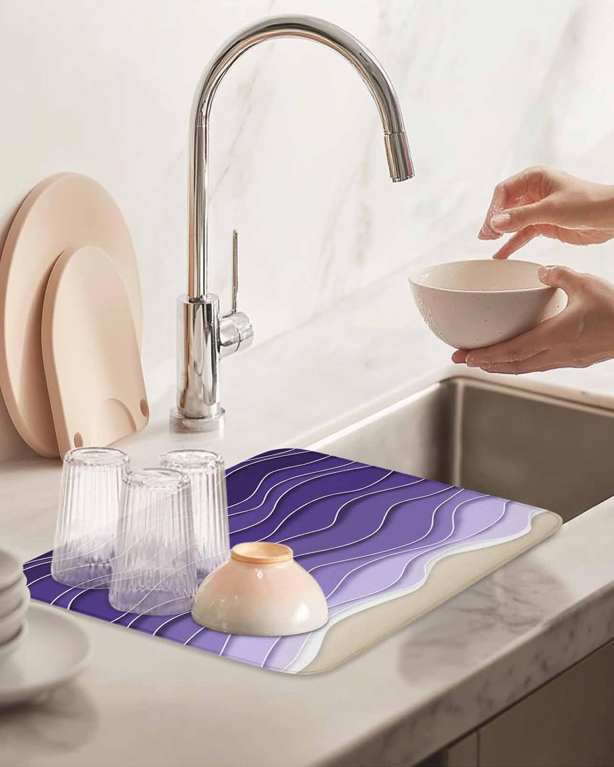 Abstract Purple Gradient Geometric Stripes Dish Drying Mats for Kitchen Counter,Absorbent Microfiber Dish Drainer Rack Mat Ocean Water Ripple Drying Pad for Sinks,Utensils,Countertops,18x24in