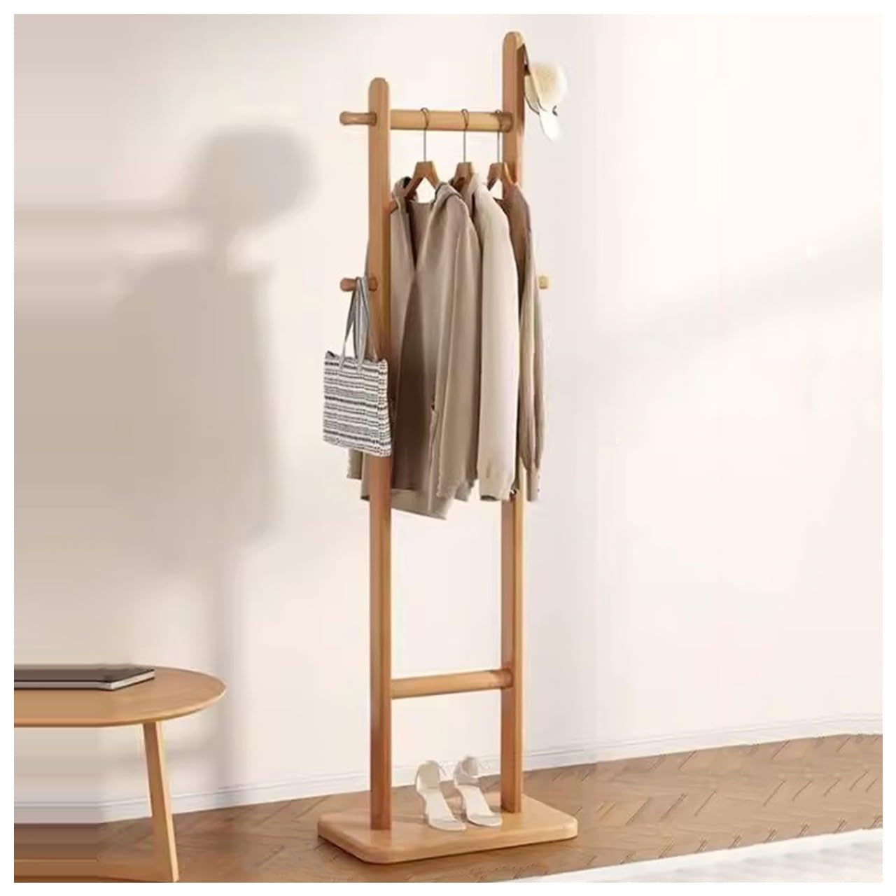Perchero de madera maciza de 160 cm con barra y ganchos de carga 100kg