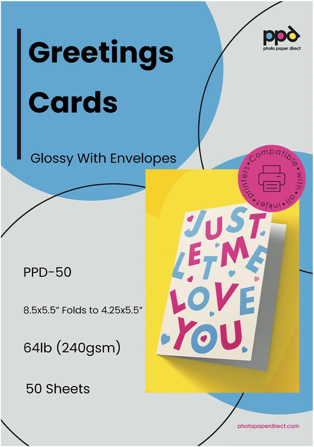 PPD Greeting Card Paper, Printable Greeting Cards with Envelopes for Inkjet Printer, A5, 5.5 x 8.5 Blank Half Fold to 4.25 x 5.5 Custom Cards for Birthday, Wedding, Invitations, Thank You (50 Sheets)