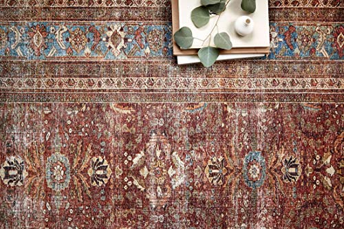 Loloi Layla Collection LAY-01 Brick/Blue 2'-6" x 9'-6" .13" Thick Runner Rug, Soft, Durable, Vintage Inspired, Distressed, Low Pile, Non-Shedding, Easy Clean, Printed, Living Room Rug