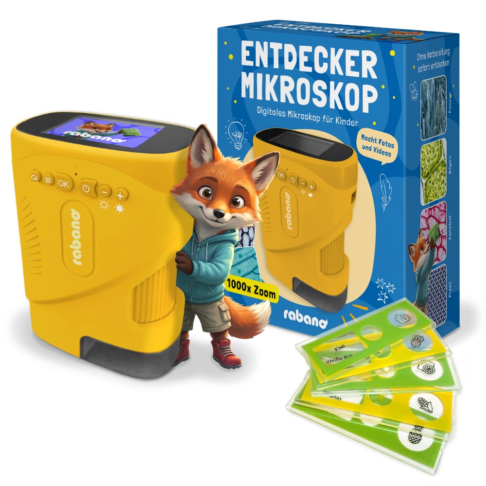 Rabano Tragbares Kinder Mikroskop, 1000x Zoom und HD-Bildschirm, Digitales Mikroskop Kinder für Experimente, Garten & Zuhause, Kindermikroskop & Lupe Spielzeug, Foto- und Video, inkl. SD Karte