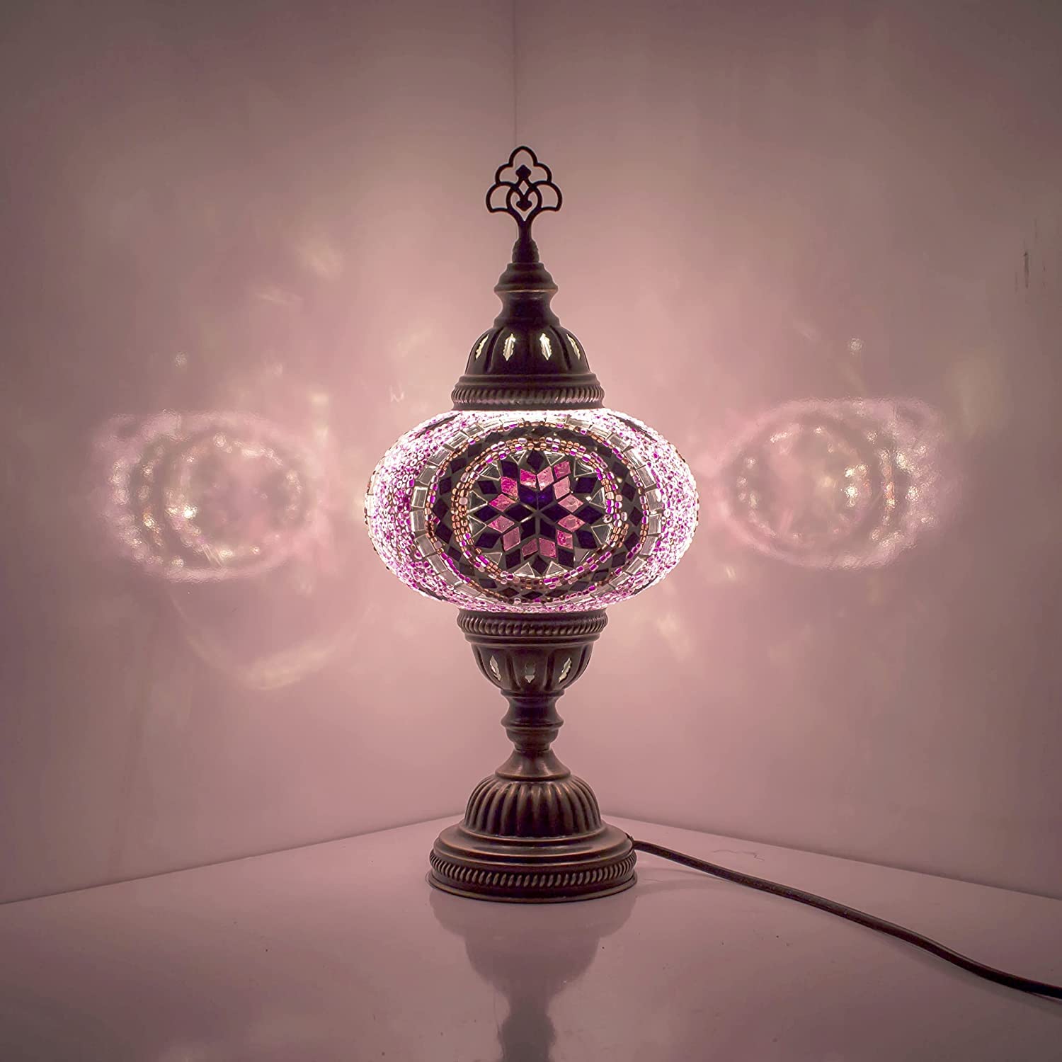 ENVA Turkish Moroccan Tiffany Style Handmade Mosaic Table Desk Bedside Night Lamp Light Lampshade with LED Bulb Large Globe (3020)