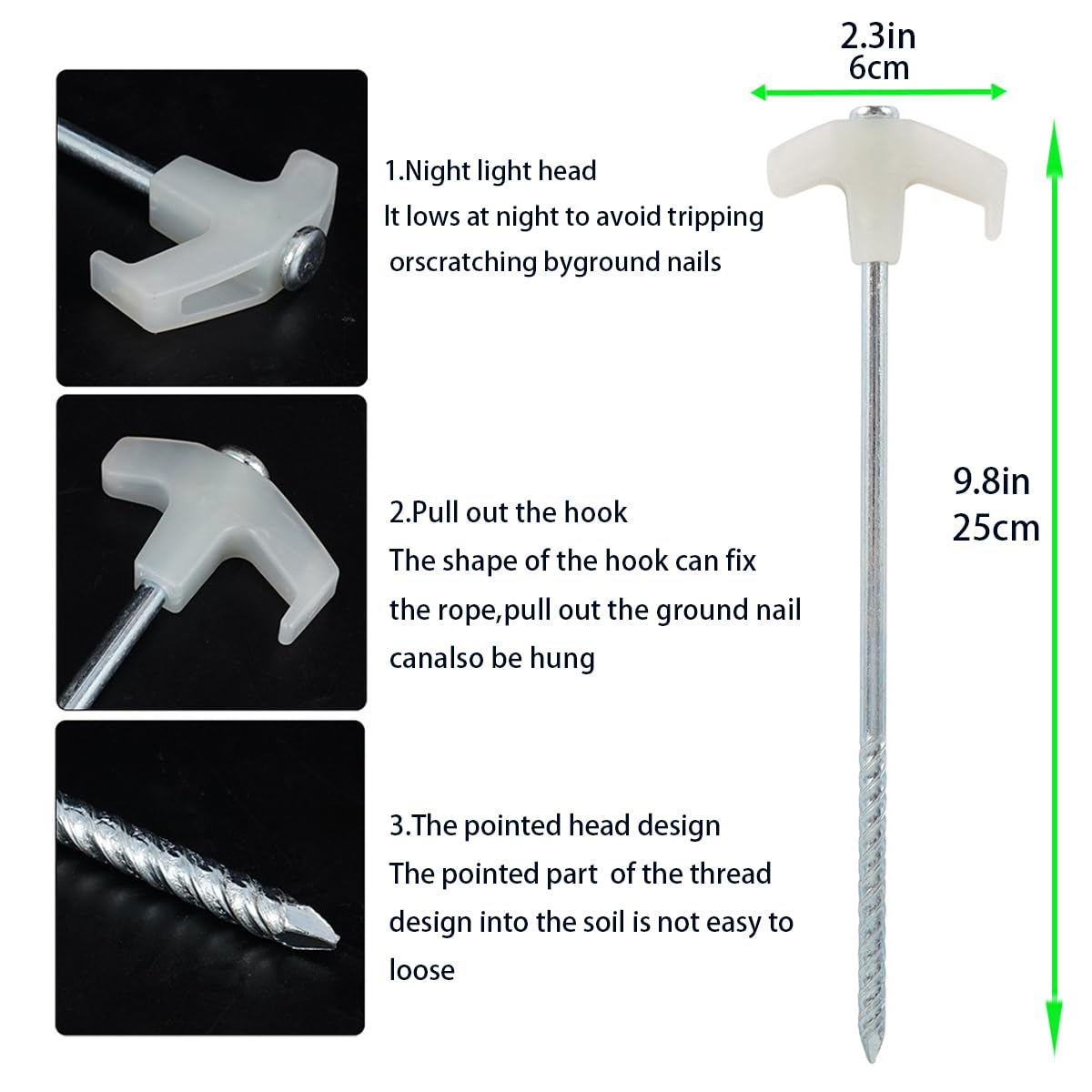 Heavy Duty Luminous Tent Stakes, 9.8 inch pop-up Tent Stakes, Heavy-Duty Metal Stakes for Camping, Gardening, and Canopies, Outdoor Christmas Decorations, Rope Adjuster Storage Bag