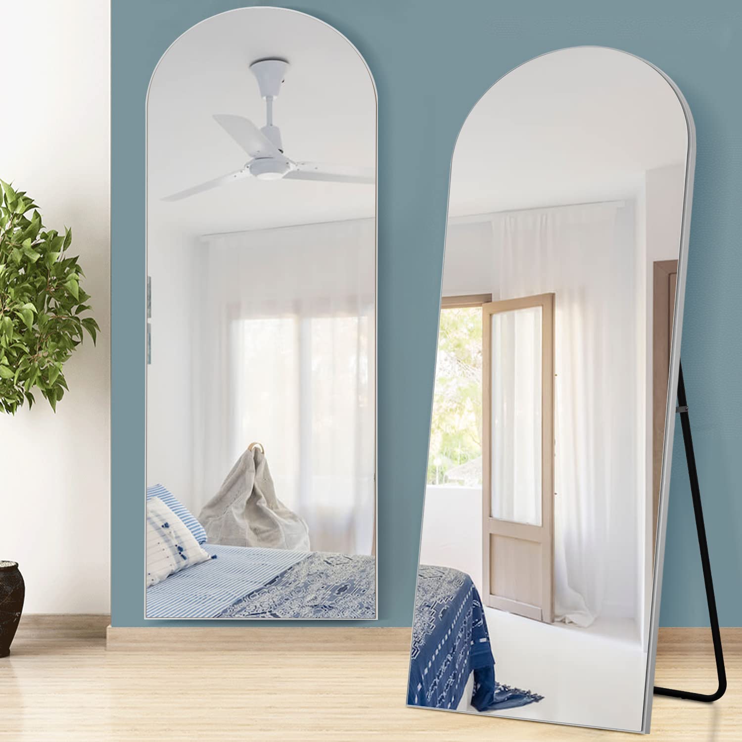NeuType Arched Full Length Mirror, Large Arched Wall Mirror Floor Mirror with Stand, Full Body Dressing Mirrors Standing Hanging or Leaning Against Wall, Arched-Top Wood Thin Frame 65 inch x 22 inch, Silver
