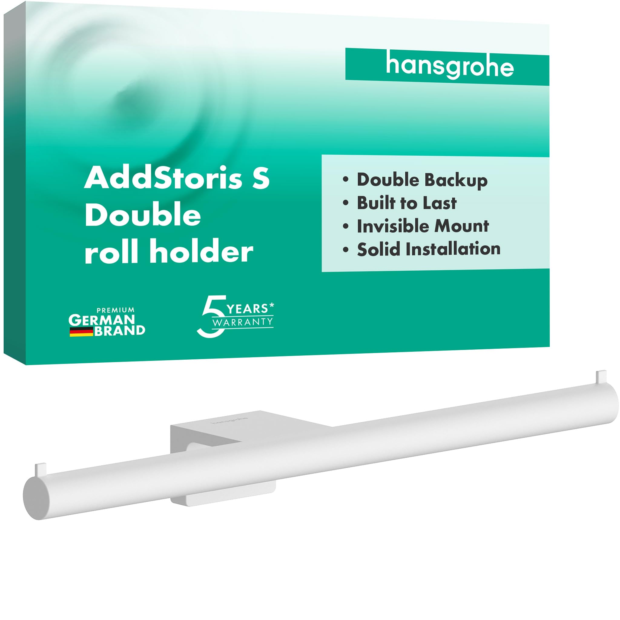 hansgrohe AddStoris S - Portarotolo doppio, portarotolo da parete, porta carta igienica, fissaggio nascosto, accessori bagno, bianco opaco, 41768700