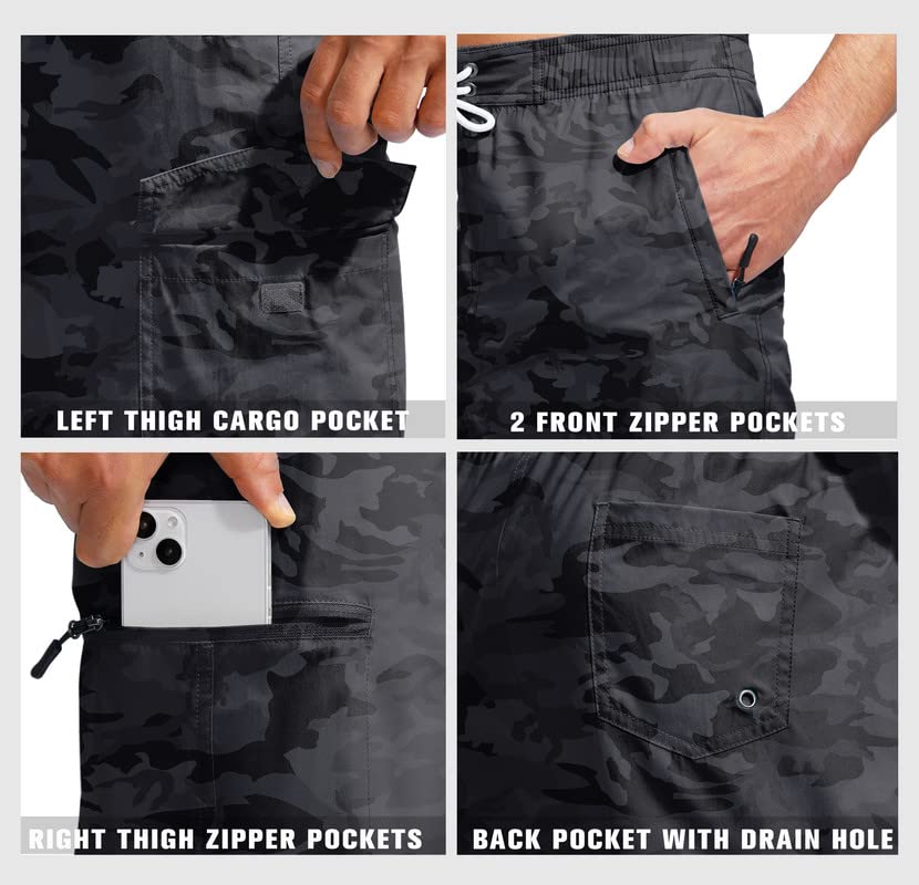 Kayrth Costume da bagno da uomo Quick Dry Board Shorts con 5 tasche Costumi da bagno da uomo - No Mesh Liner, Nero mimetico., XX-Large