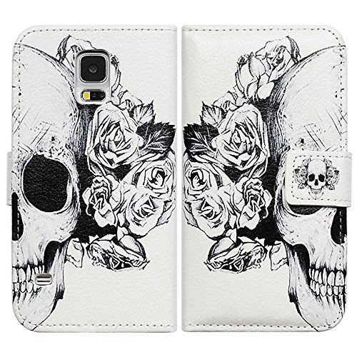 Bfun Packing Bcov White Floral Skull Wallet Leather Cover Case for Samsung Galaxy S5 GS5