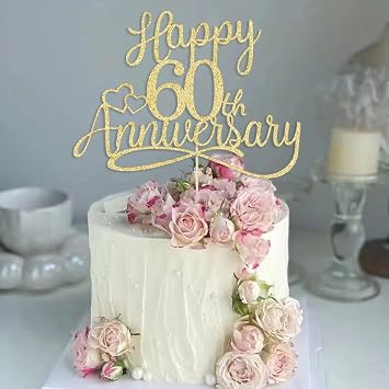 Sleyberoy Gold Glitter Happy 60th Anniversary Cake Topper