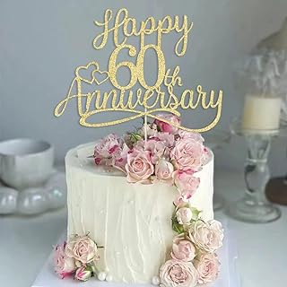 Sleyberoy Gold Glitter Happy 60th Anniversary Cake Toppers -Wedding Anniversary Party Decorations, 60th Wedding Anniversary, Company Anniversary Party, Birthday Party Decorations (60 Gold)