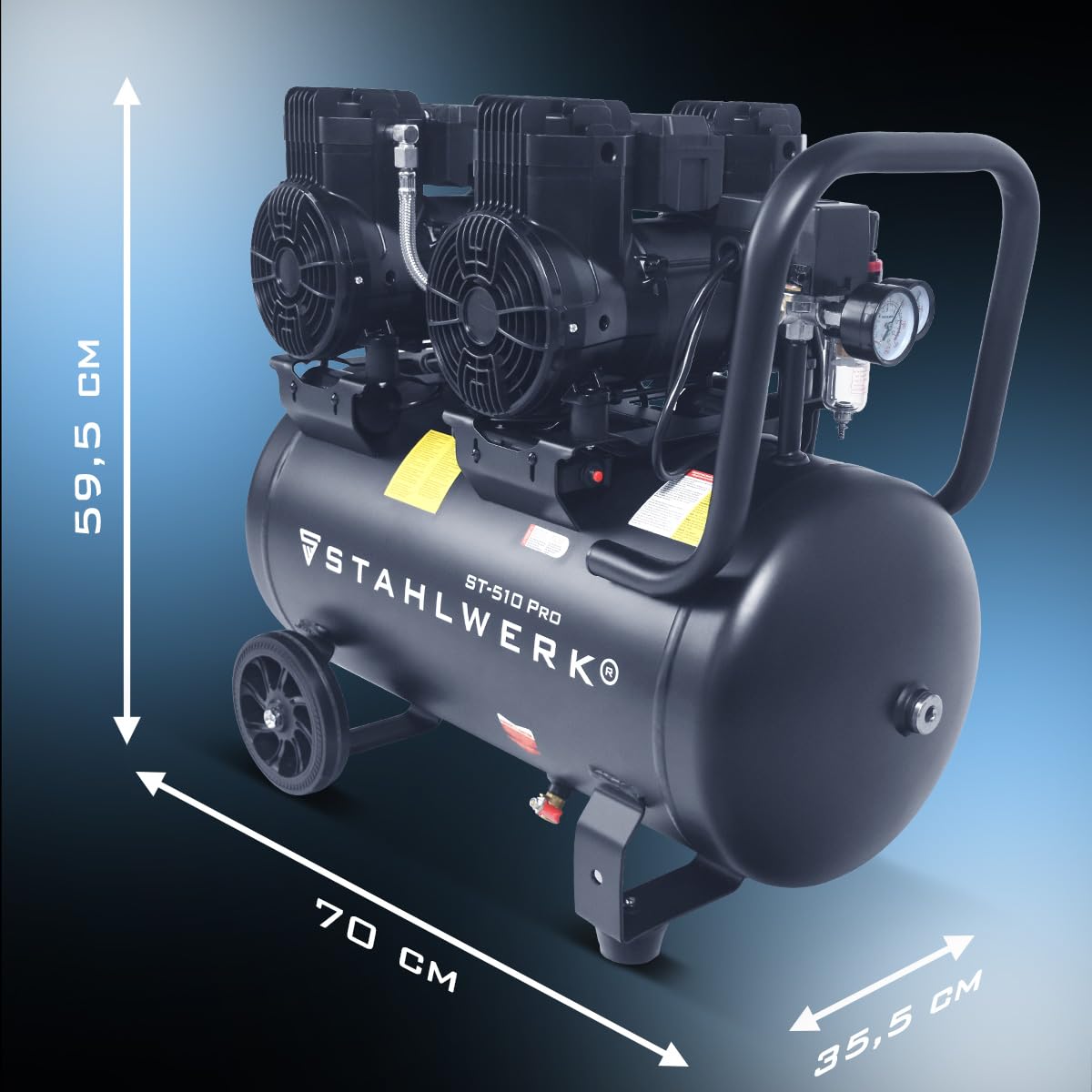 STAHLWERK Kompressor mit 50 L Tank (ST-510 Pro) – ölfrei & leise, 10 bar, 3,94 PS (2,9 kW), 500 l/min, 70 dB, Druckluftkompressor mit Brushless-Motoren, Silent-/Flüsterkompressor, Kolbenkompressor