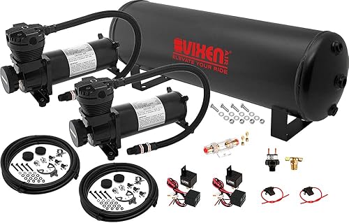 Vixen Air Kit de suspensión para camión, bolsa de coche, paseo aéreo/resorte. Sistema a bordo - Compresor dual de 200 psi, tanque de 4 galones. Para