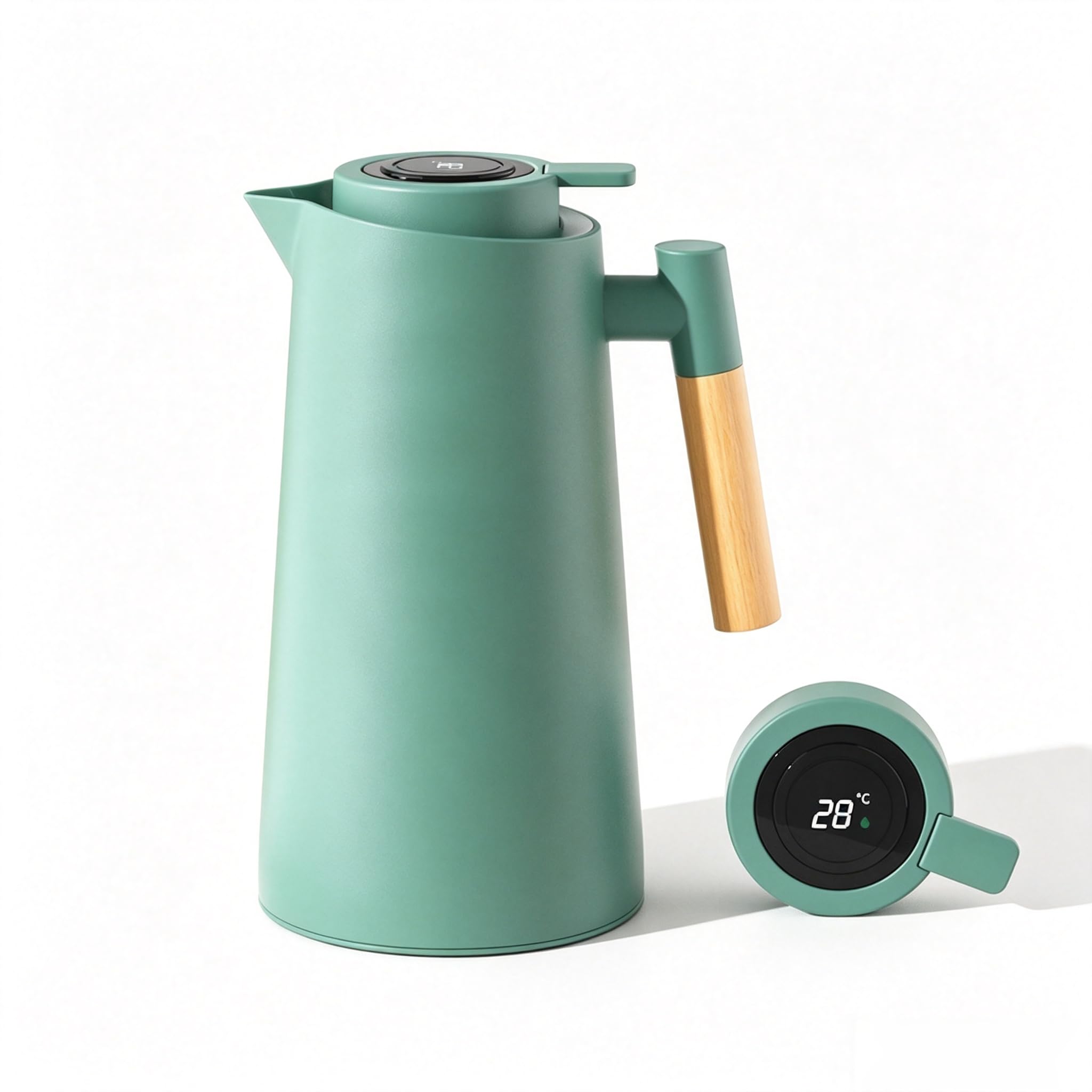 Caraffa termica intelligente con display della temperatura, 963,9 g, con rivestimento in vetro sottovuoto, caraffa termica per acqua, caraffa da caffè con manico in legno, per casa, cucina, ufficio