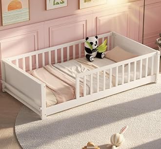 Bellemave Twin Size Floor Bed with slats and Book Storage for Kids, Girls, Boys, Wood Montessori Floor Bed with Guard Rails, Without Door, White