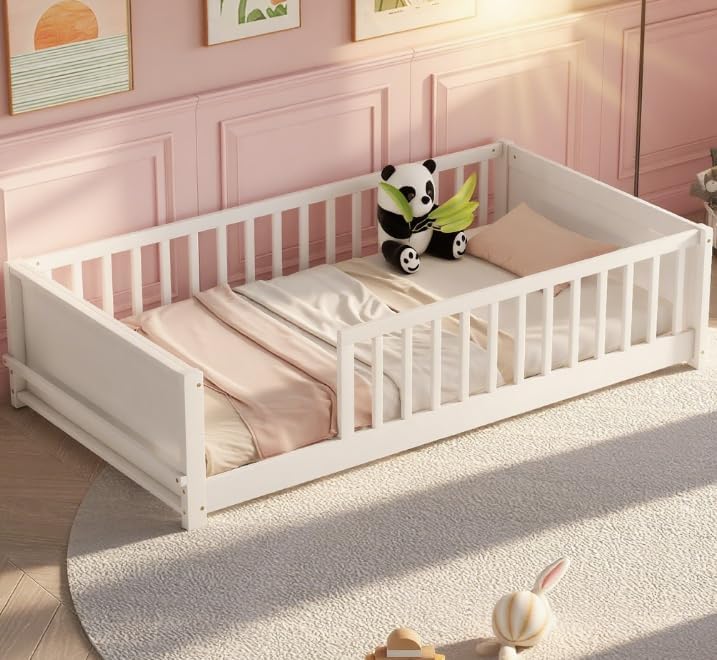 Bellemave Twin Size Floor Bed with slats and Book Storage for Kids, Girls, Boys, Wood Montessori Floor Bed with Guard Rails, Without Door, White