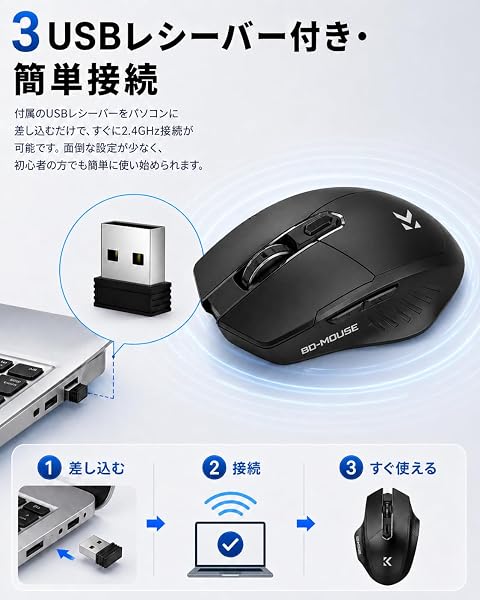 マウス 無線 bluetooth 5.2 + 2.4GHz ワイヤレスマウス Type-C充電式 戻る/進むボタン搭載 3段階DPI切替 ゲーミングマウス 瞬時接続 光学式 高感度 高耐久性 握りの極み デュアルモード オフィス ゲーミング iPad/PC/Windows/macbook/Mac対応(ブラック) - 4