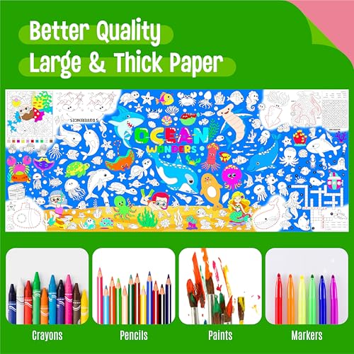 Image of Ocean Coloring Poster, Large Coloring Activity Paper 75 inch x 31 inch Jumbo Size Blue Sea-themed Paper DIY Painting Drawing Banner /Tablecloth for School, Wall Decor