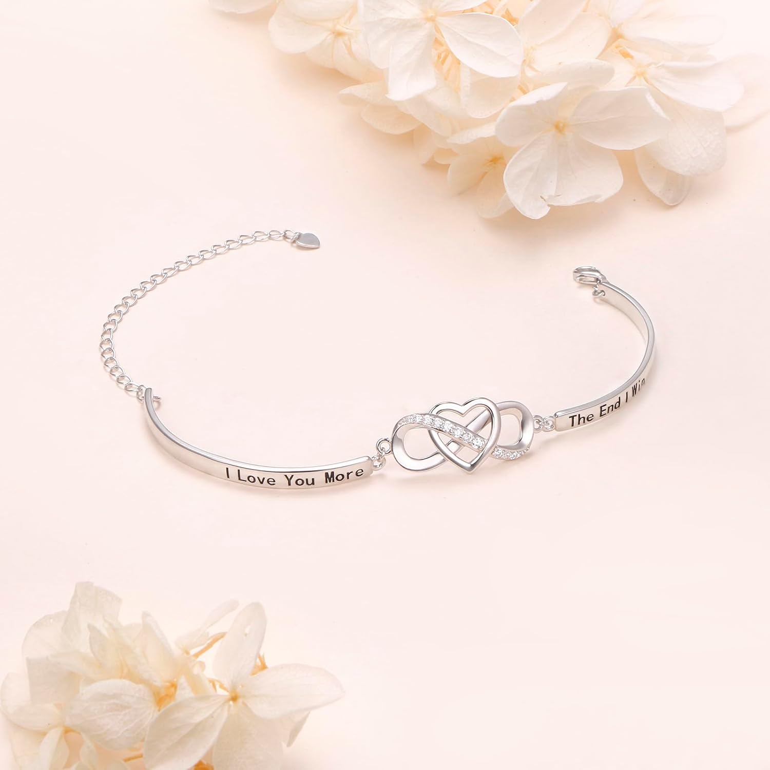 Mothers Day Gifts 925 Sterling Silver Infinity Love Heart Bracelet With Inspirational Message for Mother Daughter Sister Wife, Adjustable Length Bangle Bracelets Friendship Jewelry for Women Girls