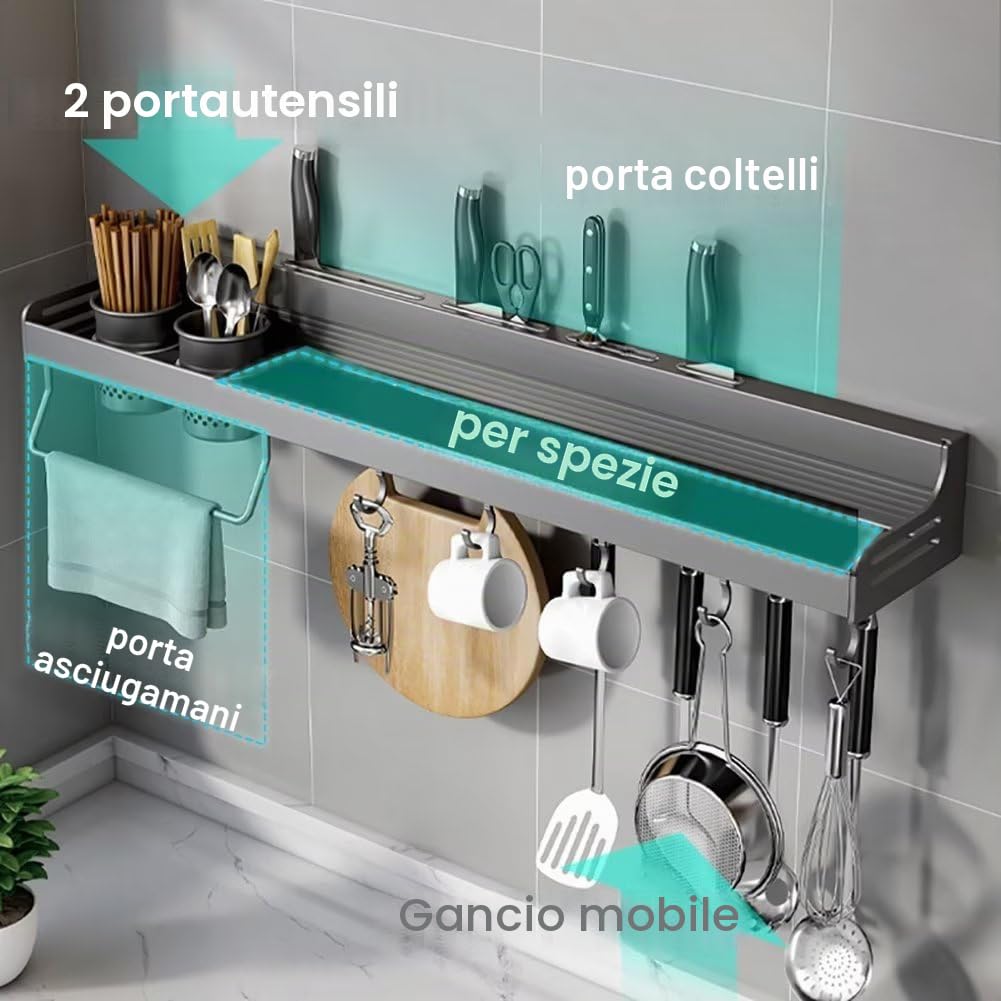 Scaffale da Parete per Spezie, Organizer Senza Forare, Scaffali da Appendere, Portaspezie da Incollare, Scaffale da Cucina a Parete in Metallo per Porta di Armadio, Cucina, Spice Rack, 80 cm