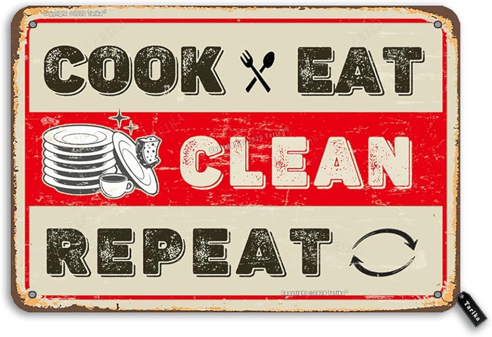 Vintage Tin Sign Cook Eat Clean Repeat Kitchen 7.8X11.8 Inch Tin Decoration Plaque Sign for Home Kitchen Farmhouse Cafe Funny Wall Decor