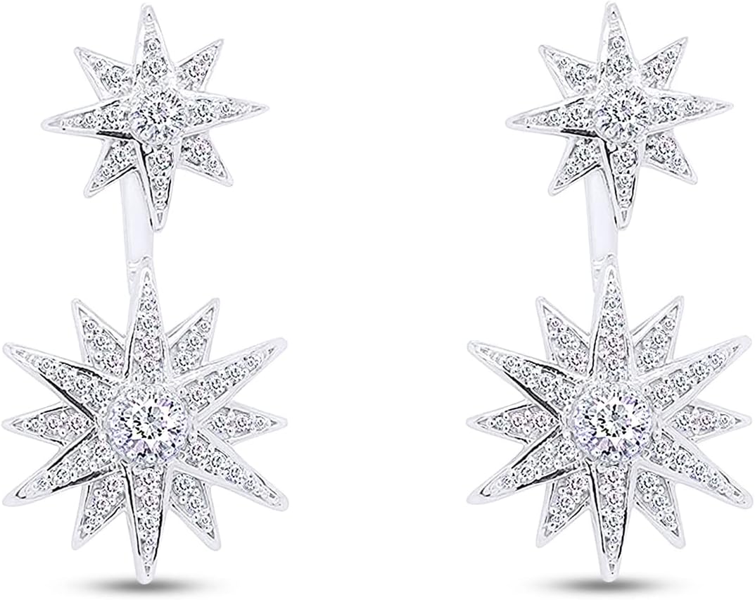 AFFY 1 1/2 CT Round Cut Natural White Diamond Double Starbursts Ear Jacket Stud Push Back Earrings In 14K Gold Plated Sterling Silver For Women (Color: I-J, Clarity: I2-I3, 1.50 Cttw)